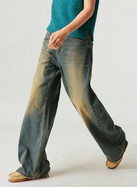 Simple Project 纯棉复古怀旧水洗脚口破坏A型宽松直筒牛仔裤长裤