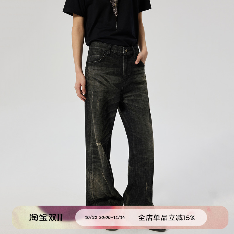 水洗做旧黑直筒牛仔裤