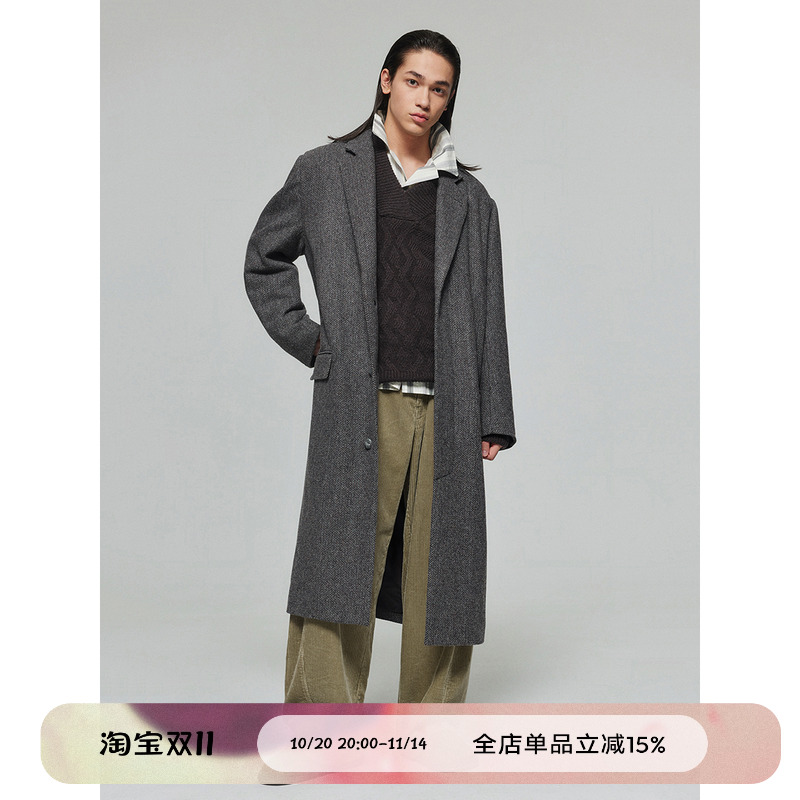 羊毛混纺人字纹长款风衣
