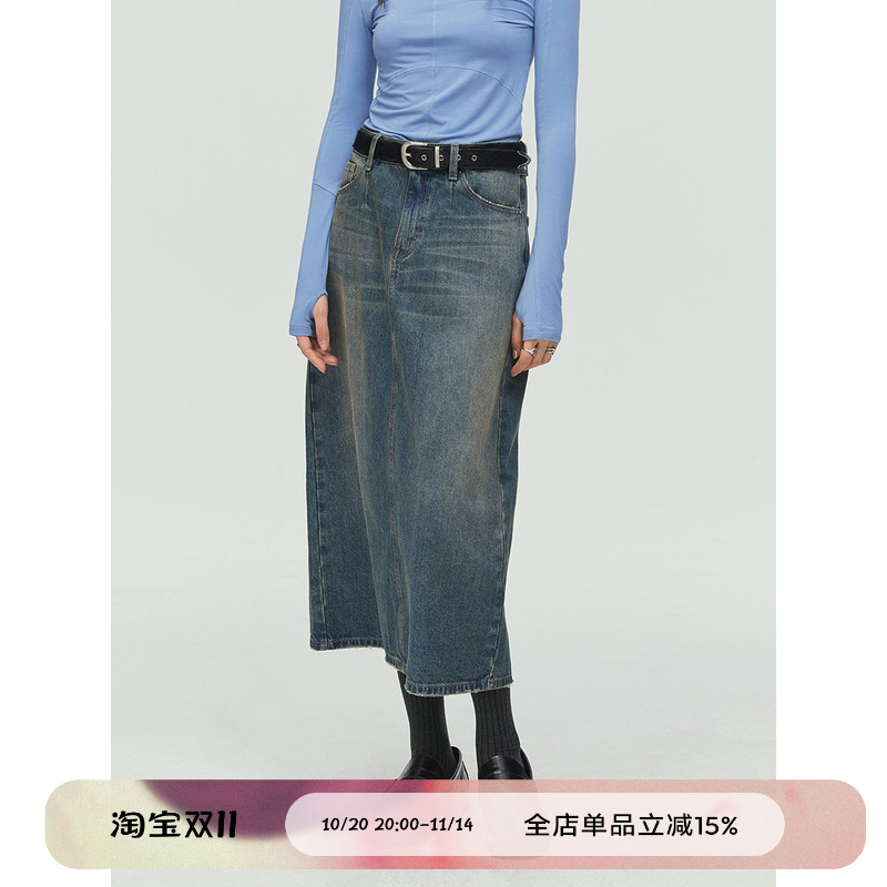 simpleproject水洗蓝直筒牛仔裙