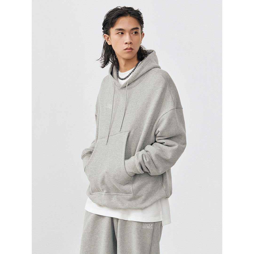 3Simple Project春秋厚款三种灰度刺绣斜口袋连帽卫衣情侣套头帽衫