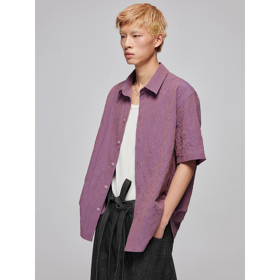 Simple Project 褶皱肌理感紫色上衣刺绣印花宽松翻领短袖衬衫