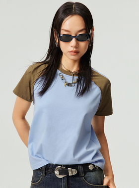 Simple Project 纯棉基础撞色挖洞拼接设计插肩袖合体短袖T恤