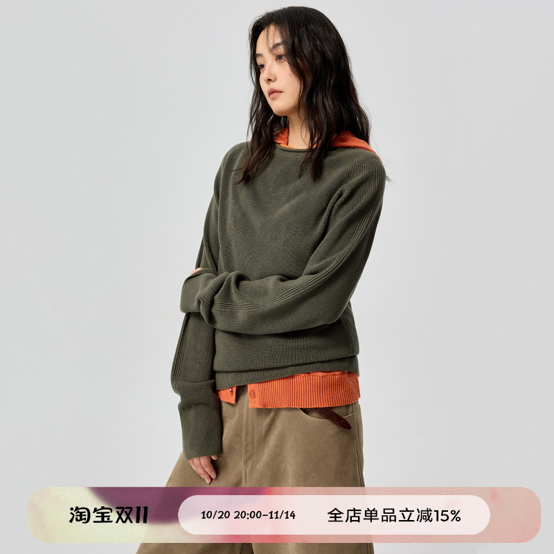 双领撞色卷边毛衣针织衫