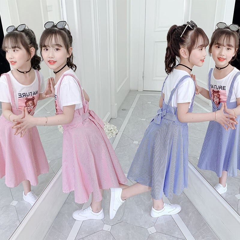 新款背带裙儿童连衣裙夏洋气12岁2024短袖公主韩版女童中大童条纹