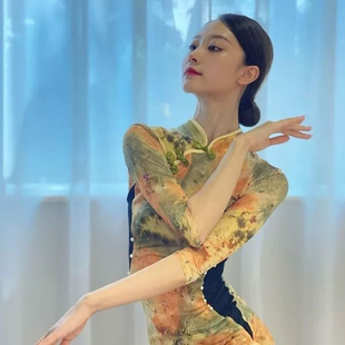 古典舞韵纱衣立领长袖修身改良旗袍高开叉连衣裙弹力舞蹈服新款