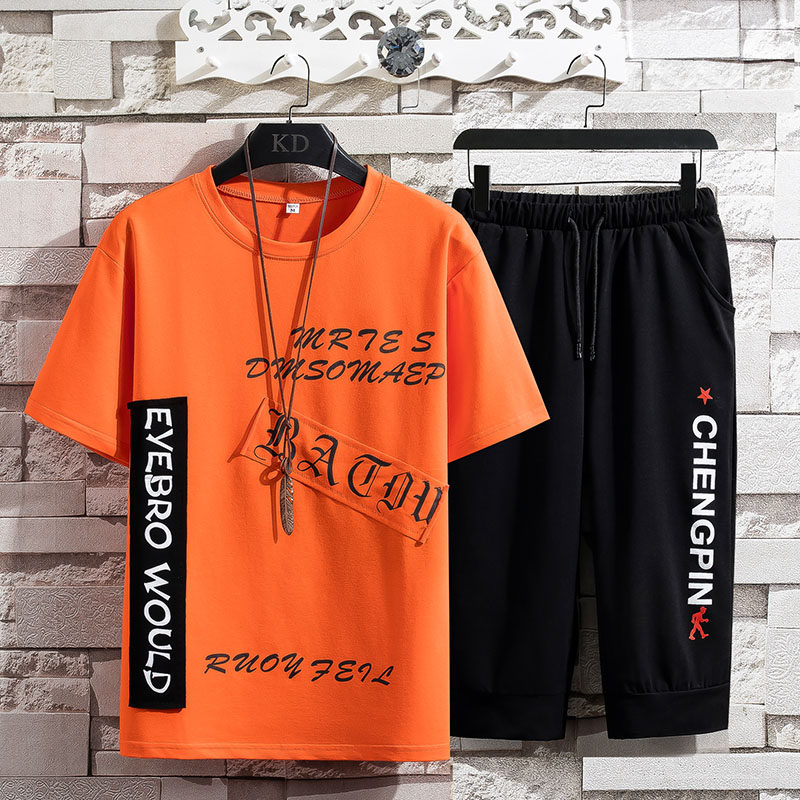 青年印花圓領恤套裝男短袖上衣工裝短褲