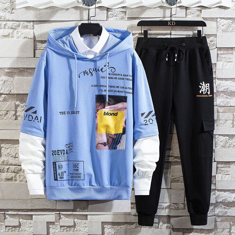 Spring men's printed hooded Pullover youth long sleeve sports leisure handsome sweater suit men