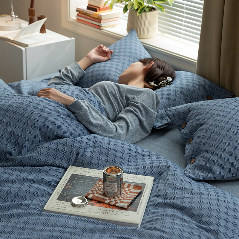 华夫格四件套名宿纯棉纽扣被套