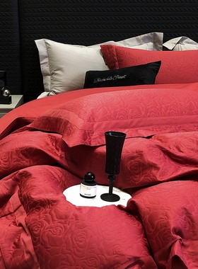 高支全棉厚织提花长绒棉四件套大红色婚庆结婚床品搬家喜庆床品