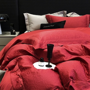 高支全棉厚织提花长绒棉四件套大红色婚庆结婚床品搬家喜庆床品