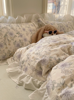 韩式小碎花蕾丝四件套纯棉简约荷叶边全棉被套13373学生三件套