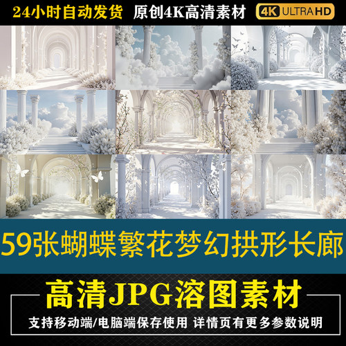 316.59张蝴蝶繁花梦幻拱形长廊cos特效合成影楼后期修图背景素材