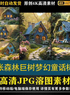 369.30张蓝色梦幻童话小屋繁花cos特效合成影楼后期修图背景素材
