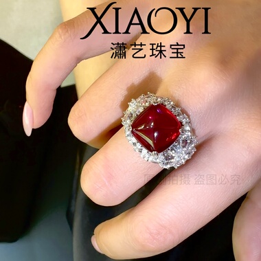 糖塔8克拉培育红宝戒指重工大气高级925银镀金