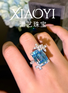 蓝蝶语24卡海蓝宝色戒指豪镶阿斯切时尚甜美大气925银镀金