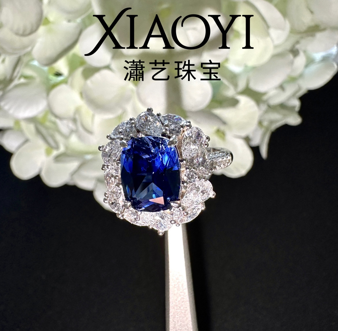 皇家蓝方胖子4ct实验室培育蓝宝石戒指高级大气时尚925银镀金