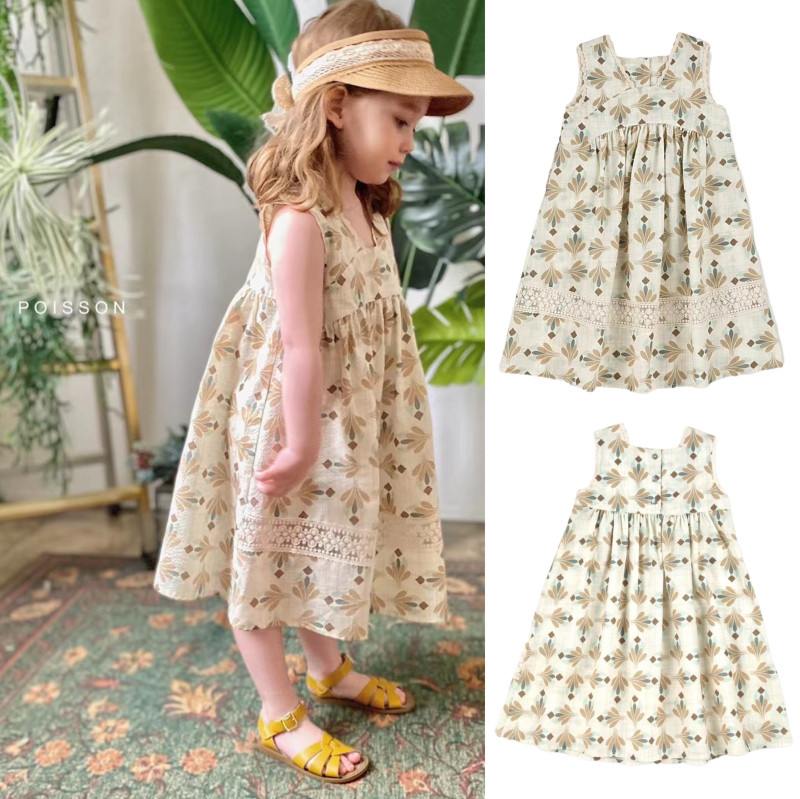 韩国poisson正品女童无袖蕾丝边花卉轻薄透气长裙子