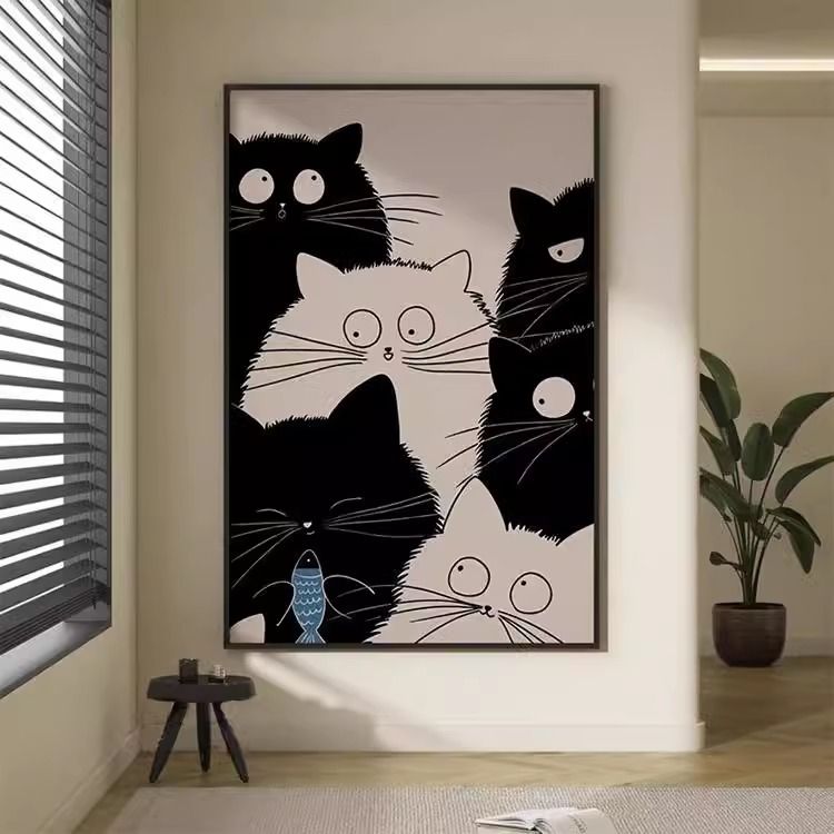 时尚卡通猫咪挂画竖版玄关卧室壁画简约现代客厅沙发背景墙装饰画图片