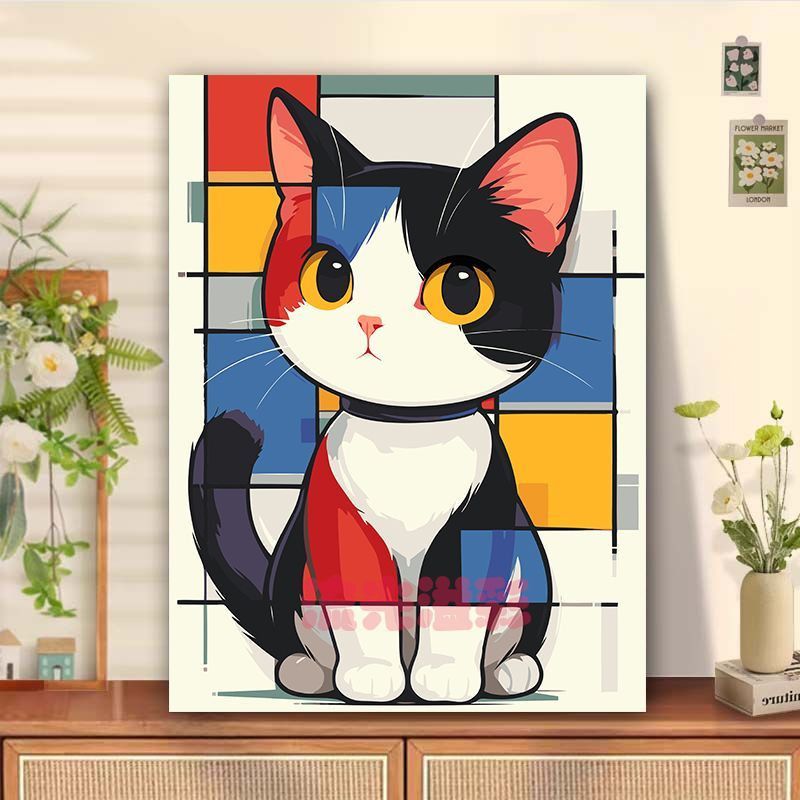 多巴胺彩色方块猫咪2025新款卡通动物客厅挂画儿童房装饰画图片