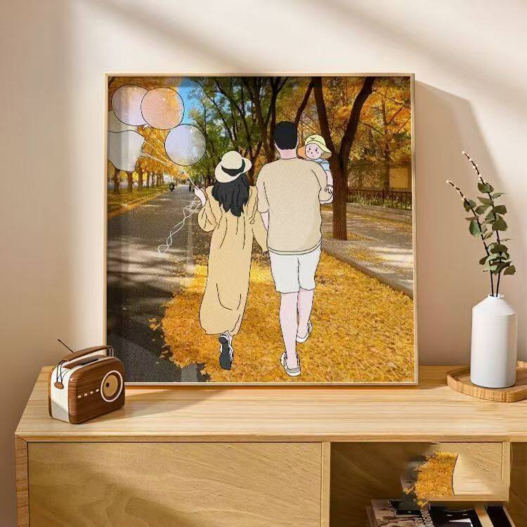 温馨家人装饰画ins客厅背景墙三口之家挂画小众艺术餐厅卧室墙画