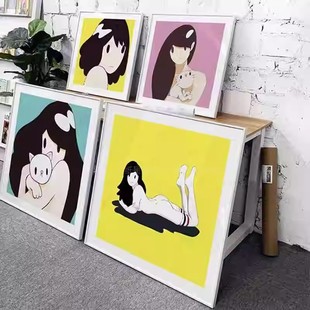 日本当代艺术潮画装饰画潮流挂画天野健版画 维纳斯和猫 抱猫女孩