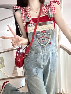 韩版 宽松可爱减龄小个子直筒连体裤 女夏季 樱桃天菜牛仔刺绣背带裤