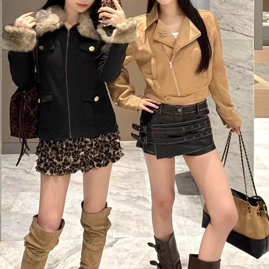 复古不规则做旧擦色皮裤短裙裤女2025秋冬新款修身显瘦包臀裤裙潮