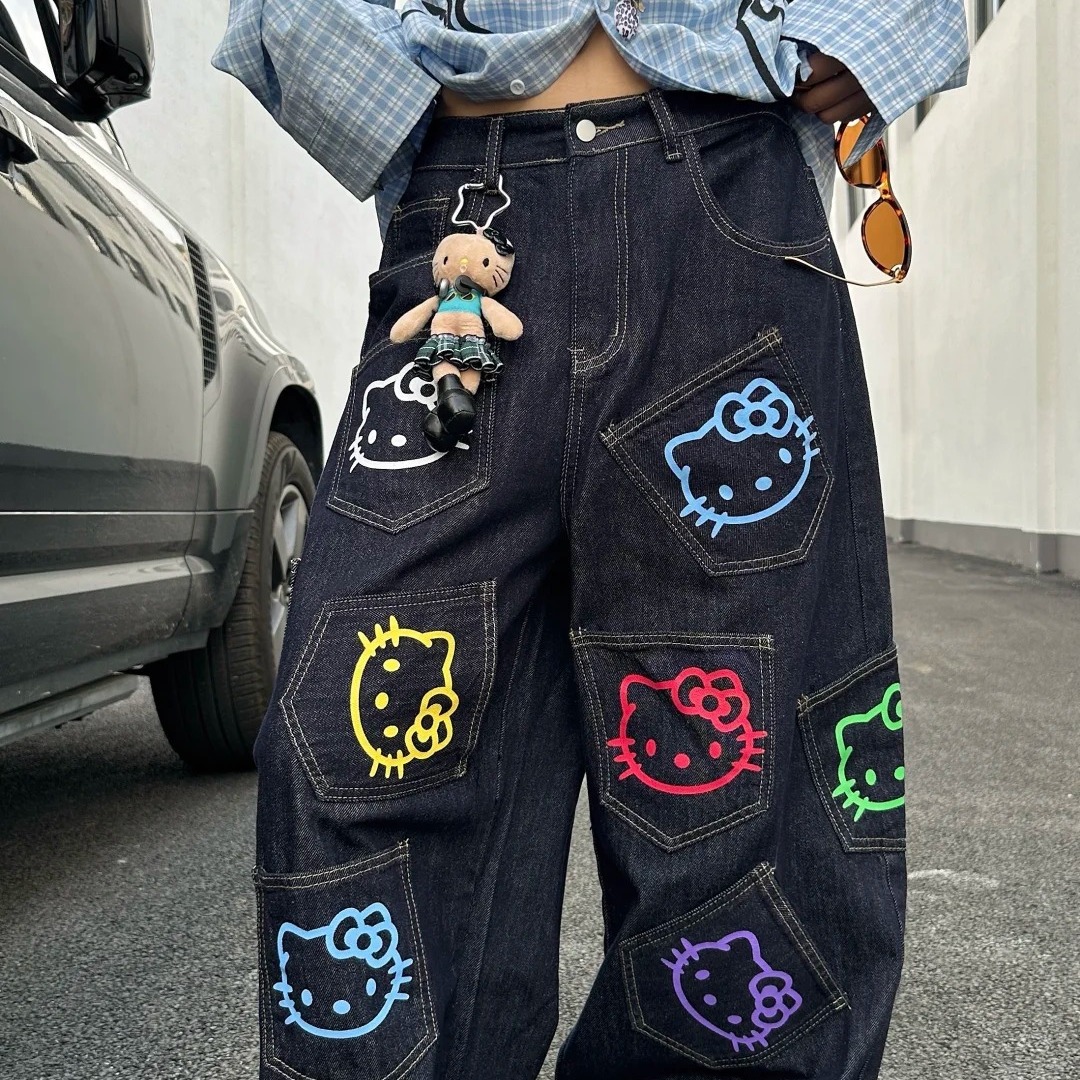 美式辣妹复古卡通kitty猫印花工装牛仔裤女秋冬新款宽松阔腿长裤