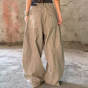 没事复古水洗卡其色弯刀牛仔裤女2025秋冬新款设计感宽松阔腿长裤