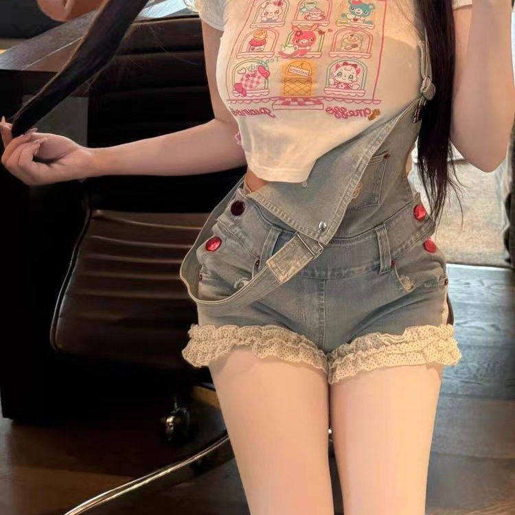 y2k日系甜美多巴胺花边拼接牛仔背带裤女2025新款包臀显瘦ins短裤