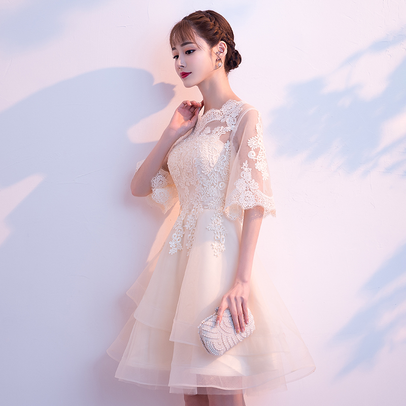 名媛小禮服裙女2018新款顯瘦宴會香檳色短款洋裝伴娘服聚會連衣裙