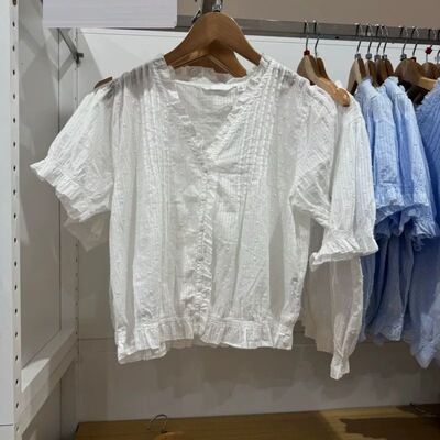 日单女装棉质提花V领衬衫/短袖衬衣26新款休闲短款甜美上衣483881