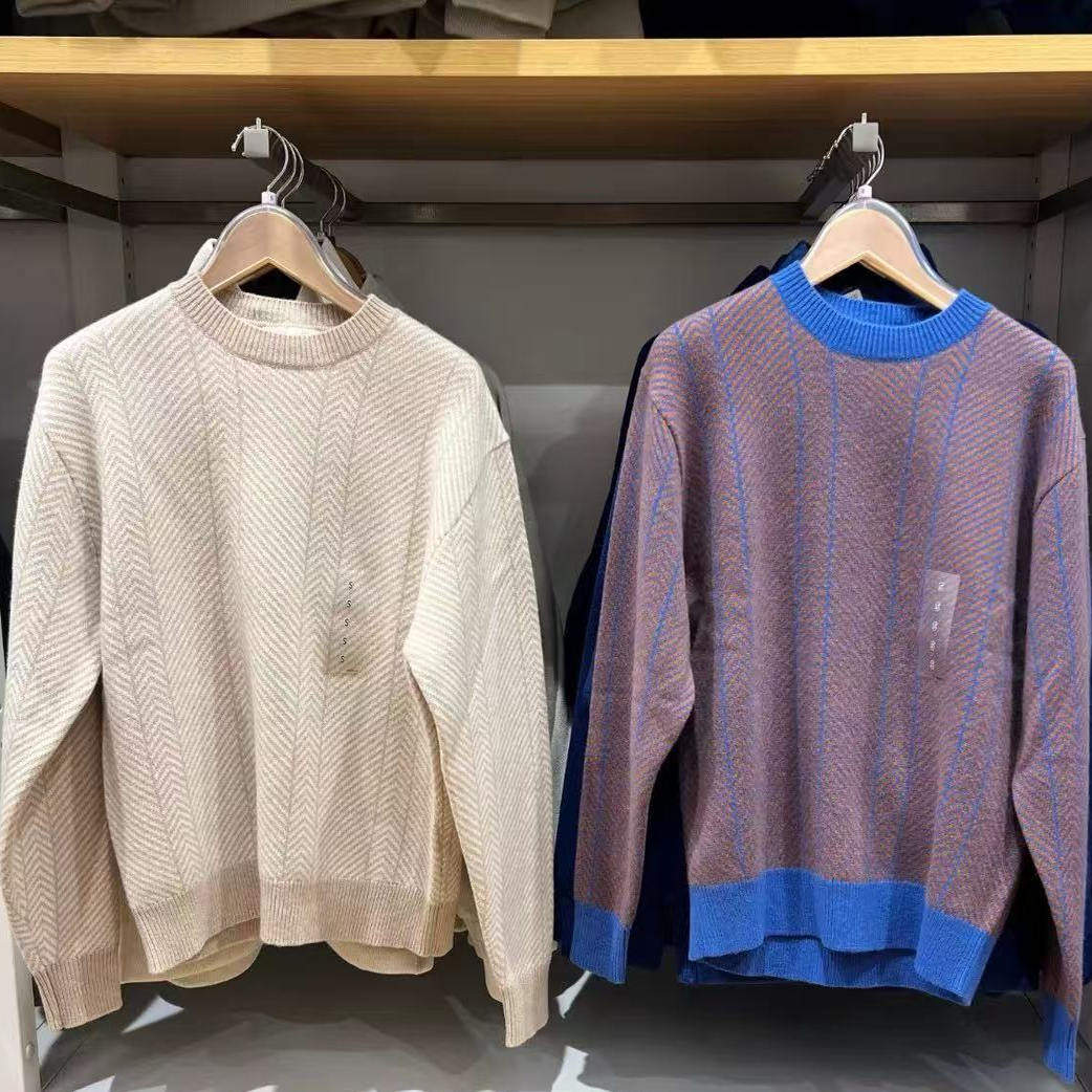 日单秋冬情侣休闲柔软拼色圆领针织衫长袖套头毛衣上衣男女479841