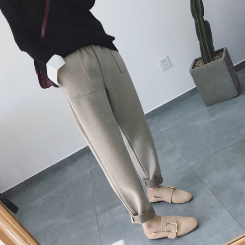 毛呢裤女2018秋冬新款加绒韩版大码宽松休闲烟管哈伦裤萝卜裤子女