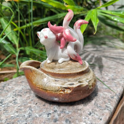 锦笔柴烧手作九尾狐宝瓶茶壶摆件高颜值新款可爱纯手工手抓壶落灰