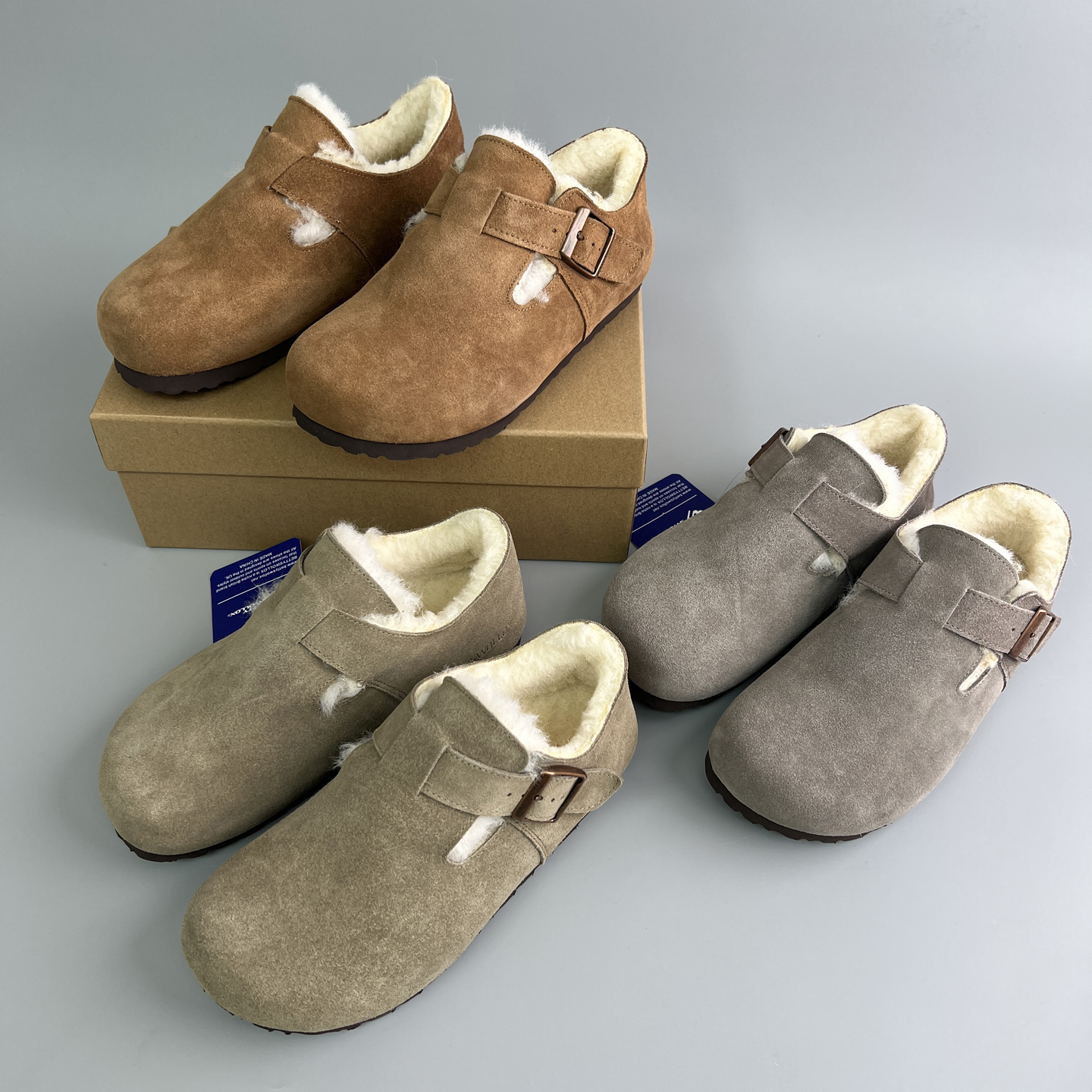 真皮毛绒勃肯鞋女包头保暖加绒厚底魔术贴棉鞋