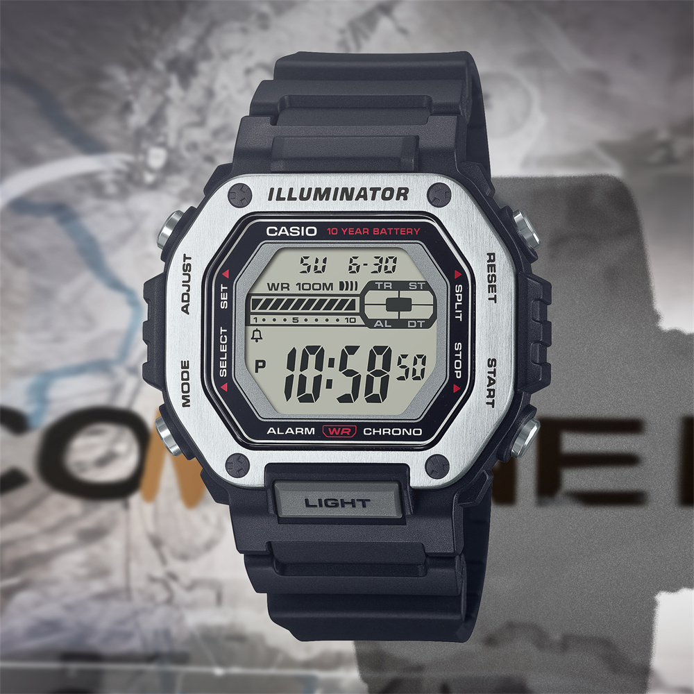 卡西欧CASIO运动方块百搭双时间显示防水100米电子表MWD-110H-1A