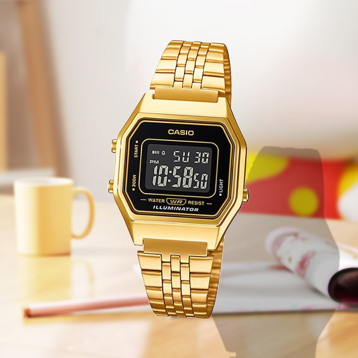 卡西欧CASIO手表女百搭日常电子表休闲钢带手表LA680WGA-1B