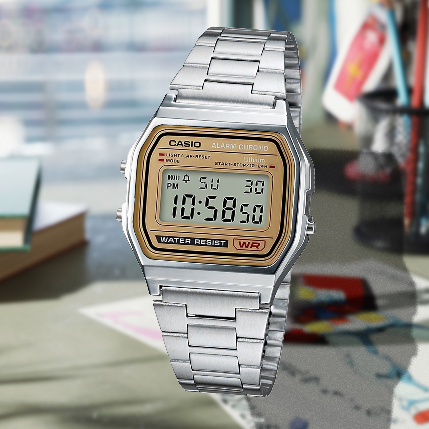 (CASIO)卡西欧小方块复古手表电子表小金表情侣表送男友A-158W-9