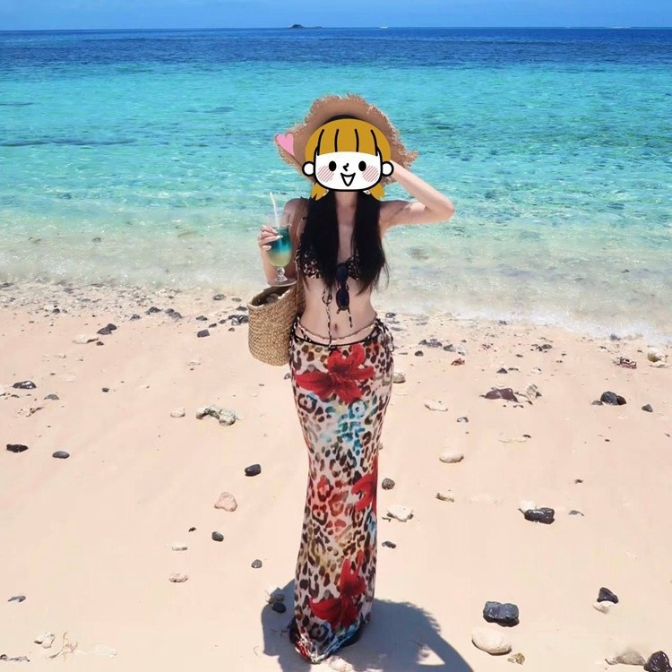 2025新款性感辣妹豹纹图案小胸系绳三点式比基尼分体游泳衣女沙滩