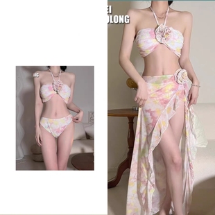 粉色新款 比基尼三件套BIKINI大長裙沙灘海邊度假泳衣 秘境花園