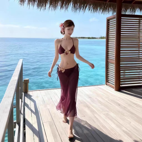 【樱桃软糖】纯欲比基尼分体泳衣女紫色绑带美背性感海边度假泳装