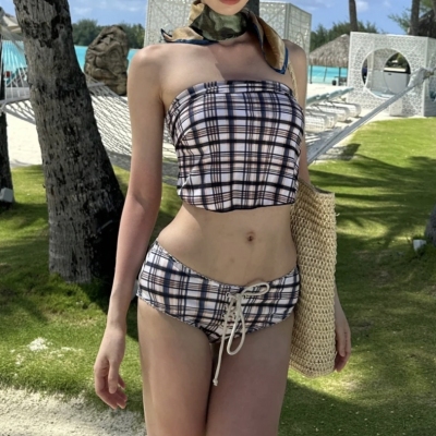 新款泳衣女分体复古格子抹胸性感比基尼小胸聚拢海岛度假温泉泳衣