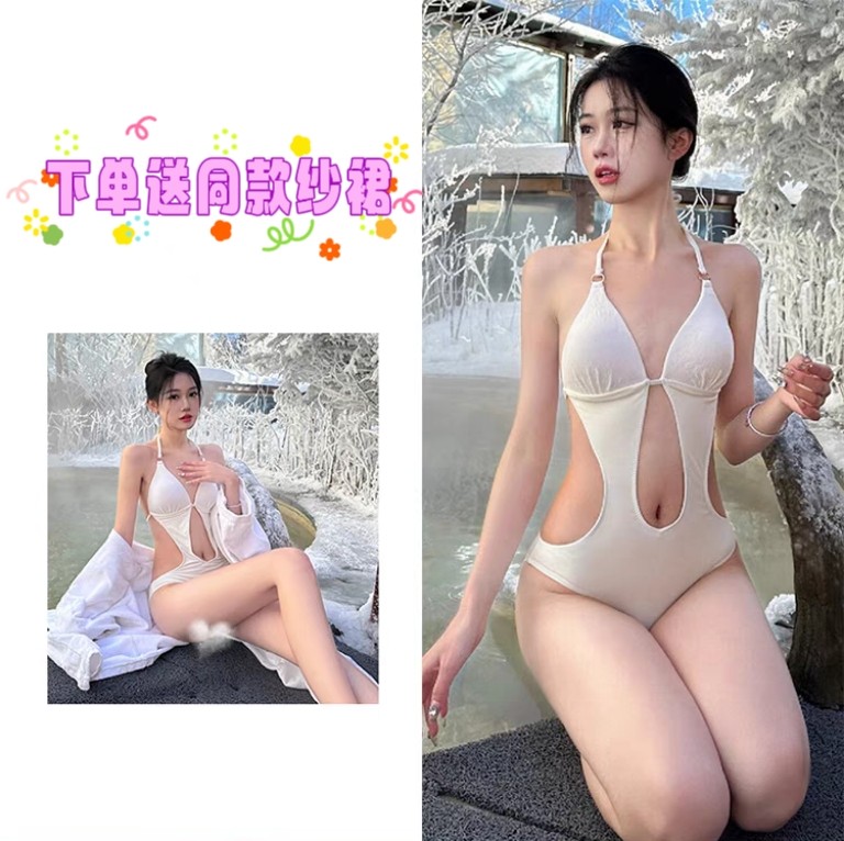 泳衣女高级感性感泳装纯欲风白色海边三亚大胸聚拢披纱长裙比基尼图片