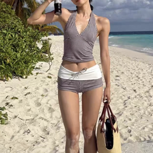 泳衣女高级感2026新款辣妹复古V领格纹挂脖分体泳衣修身显瘦泳装