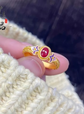 金店同款古法沙金鎏金点钻花丝凤鸢珐琅戒指开口可调节女直播