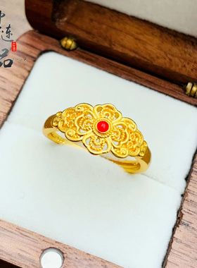 金店同款高保色古法沙金微镶珐琅彩繁花似锦开口戒指女宫廷风