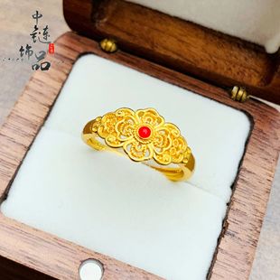 金店同款高保色古法沙金微镶珐琅彩繁花似锦开口戒指女宫廷风