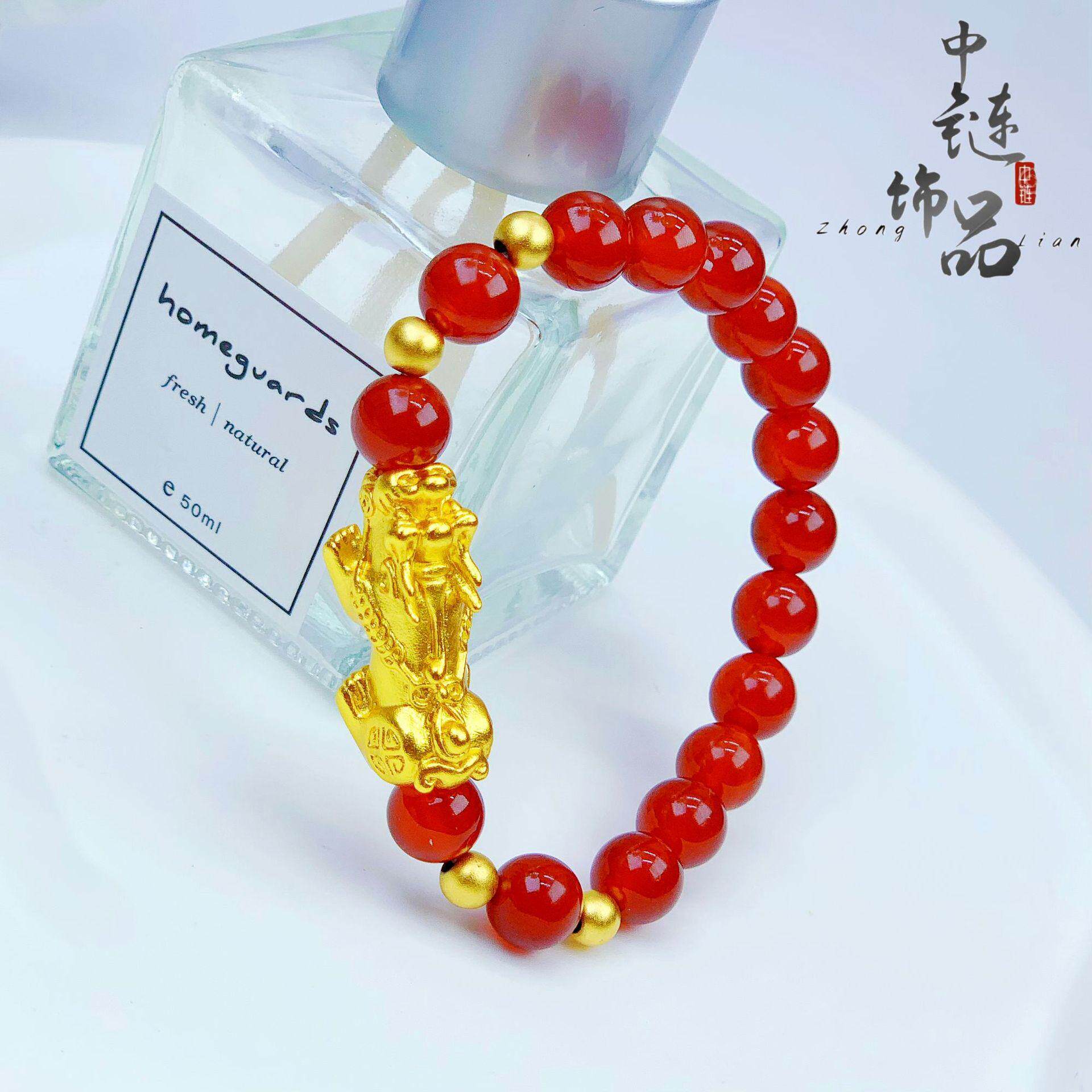 越南沙金精品貔貅手串男女黑曜石红玛瑙铜镀金转运金珠手链情侣款
